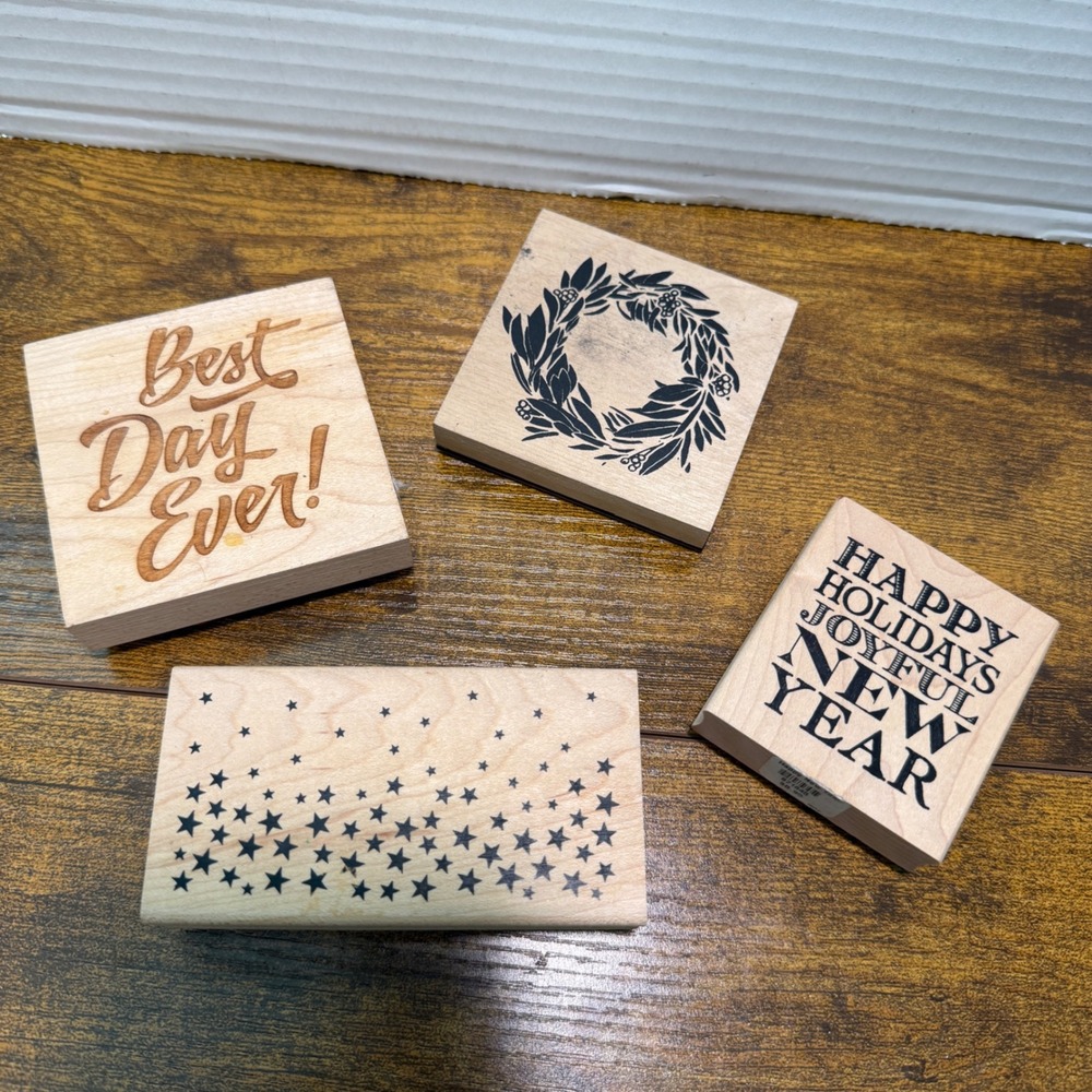 Wood Stamp 4 pc Set Best Day Ever Wreath Stars Happy Holidays Joyful New‎ Year